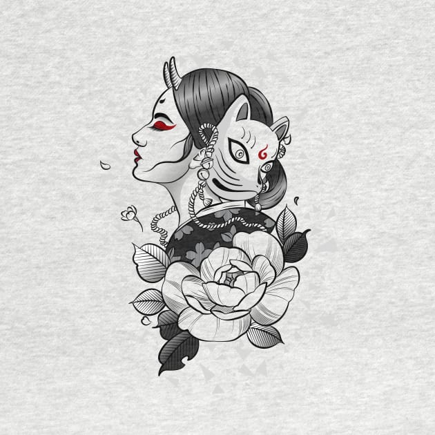 Traditional  black and white Japanese illustration of woman with a kitsune mask and flower by BlindVibes